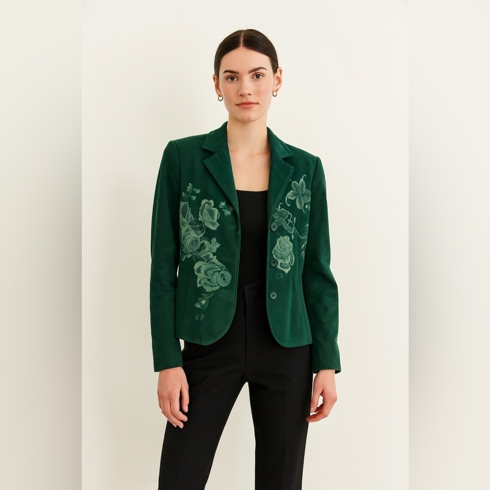 Le Chateau Y2K Green Suede Floral Embroidered Fully Lined Jacket Size XS
